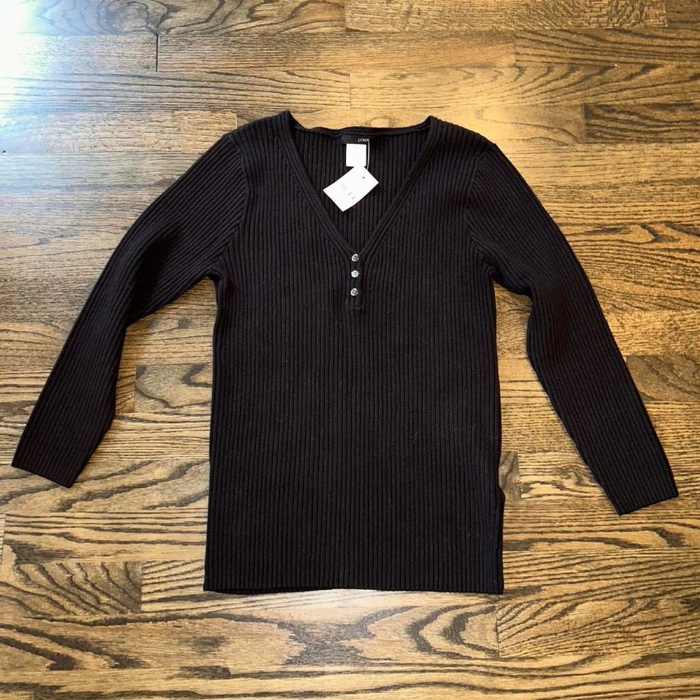NWT J. Crew Black Ribbed Henley Low Neck Sweater Top Women’s Size Medium